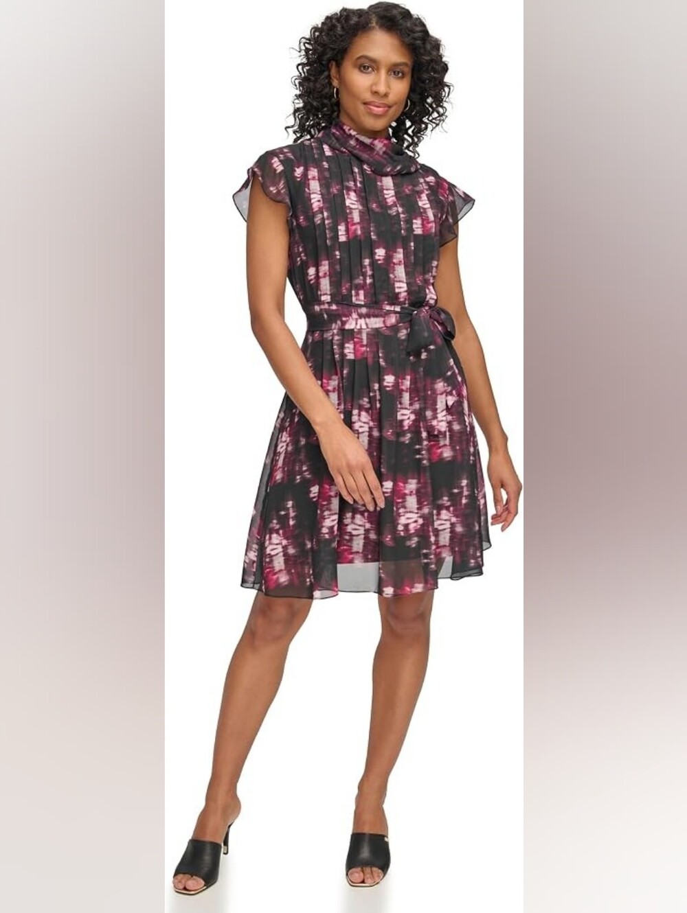 Dkny Black & Pink Pleated Tie-Waist Mini Dress